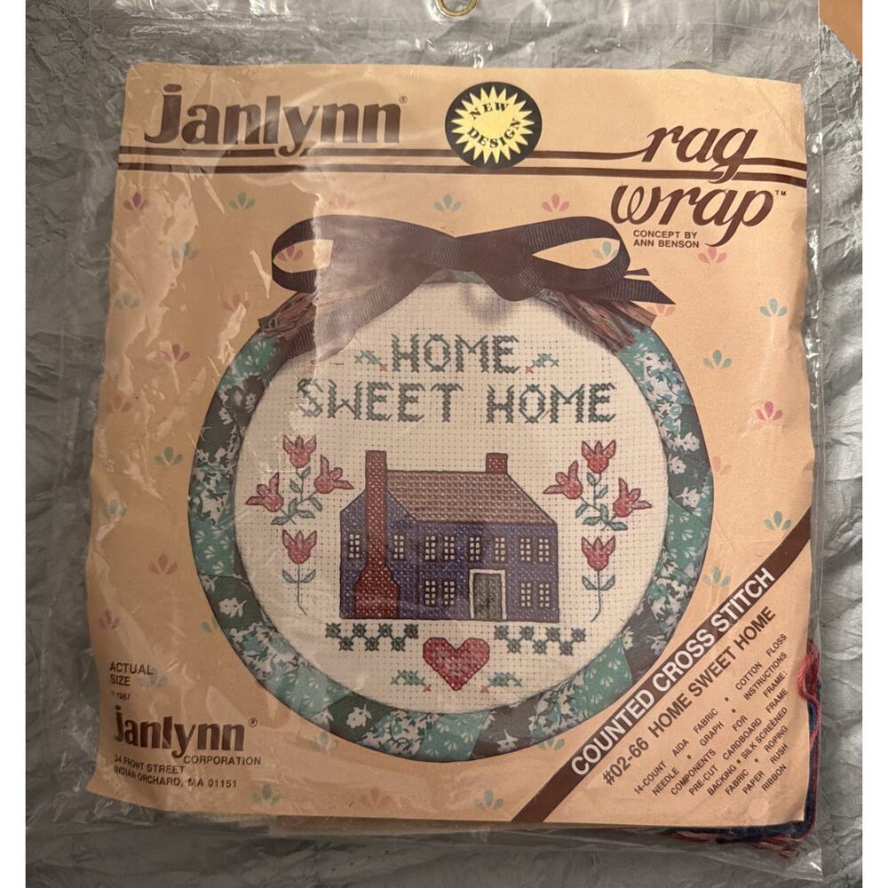 VINTAGE Janlynn Counted Cross Stitch Kit #02-66 Home Sweet Home 1987 Rag Wrap